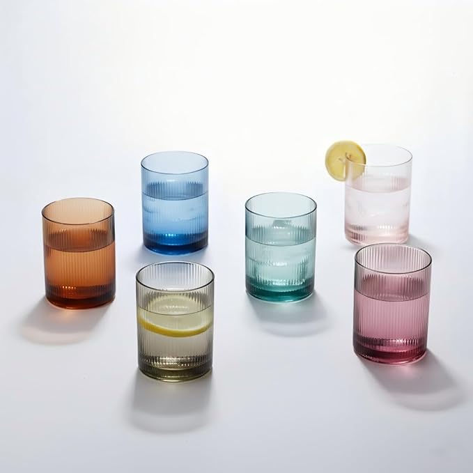Physkoa Colored Drinking Glasses Set of 6 - Vintage Highball Glasses Colorful,Colorful Tumbler Glass for Cocktail,Juice,Mixed Drinks,Water,Holiday Party Supplies Gifts