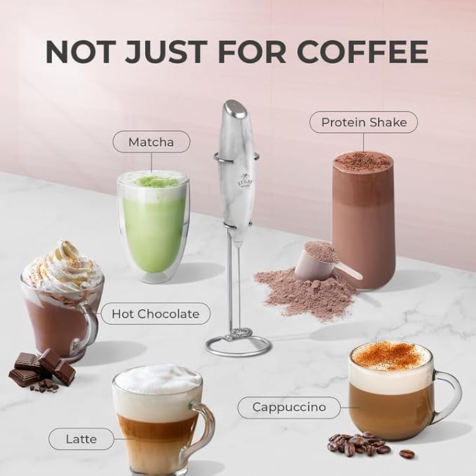 Zulay Kitchen Powerful Milk Frother Wand With 4 AA Duracell Batteries - Ultra Fast Handheld Drink Mixer - Electric Whisk Foam Maker for Coffee, Lattes, Cappuccino, Matcha & Creamer - Marble