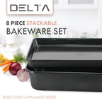 Stackable Nonstick Bakeware Set, 8 Piece Baking Pan Set, Oven Safe Carbon Steel, Includes Cookie Sheet, Muffin Pan, Loaf Pan & Roaster