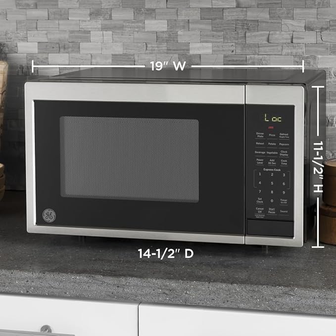 GE Countertop Microwave Oven, Compact 0.9 Cubic Ft., 900-watt Capacity, 7 Auto Cooking Settings, Child-Lock Technology, Kitchen Essentials for the Countertop, Dorm Room or Apartment, Stainless Steel