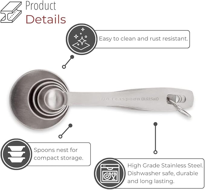 husMait Stainless Steel Measuring Spoons - 5 Piece Heavy Duty Measuring Spoon Set for Dry Food, Spices or Liquids