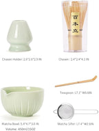 TANG PIN Matcha Set - Match Bowl and Whisk, 15 OZ, Matcha Scoop | Matcha Whisk Stand (Chasen Holder) - 4pc Perfect Matcha Kit for Matcha Tea Ceremony (Green)