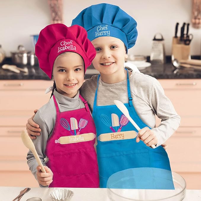 AILIN Custom Name Kids Apron Chef Hat Set For Boy Girl Cooking Baking Painting Craft