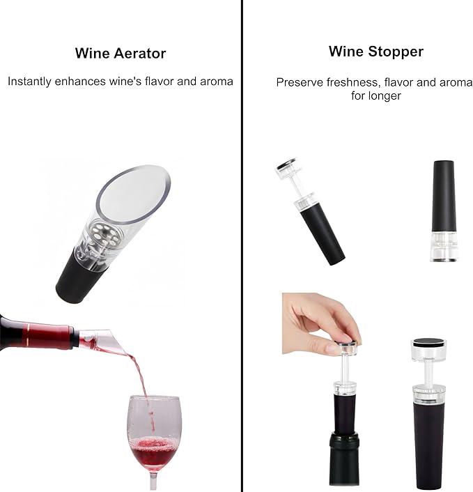 Electric Wine Opener Set with Base – Rechargeable Wine Bottle Opener with Foil Cutter, Wine Aerator and Wine Stoppers – Wine Accessories Gift for Wine Lovers