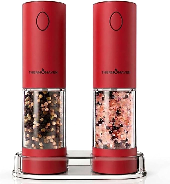 ThermoMaven Electric Salt and Pepper Grinder Set, 110ml Larger Rechargeable Automatic Salt and Pepper Mill Grinder with 6 Adjustable Coarseness, Electric Salt and Pepper Shakers, LED, 2 Packs, Red