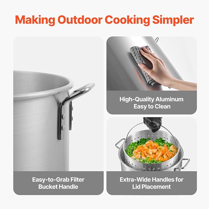 VEVOR 100 Qt Seafood Boiling Kit with Strainer, Outdoor Seafood Boil Pot and Basket, Cooking Set for Crab Crawfish Lobster Boiling, Aluminum Stockpot with 100,000 BTUs Propane Burner and Steamer Rack