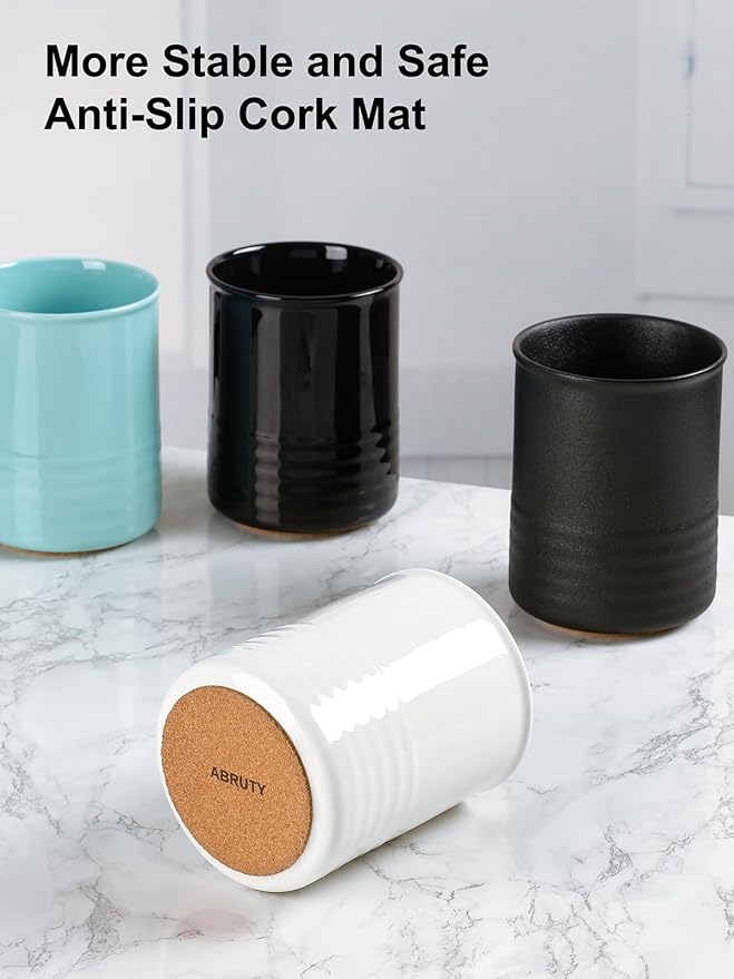 Utensil Holder, 6.7" Ceramic Kitchen Utensil Crock for Countertop Cooking, Modern Utensil Caddy Jar Organizer for Farmhouse Kitchen Counter Décor, Turquoise