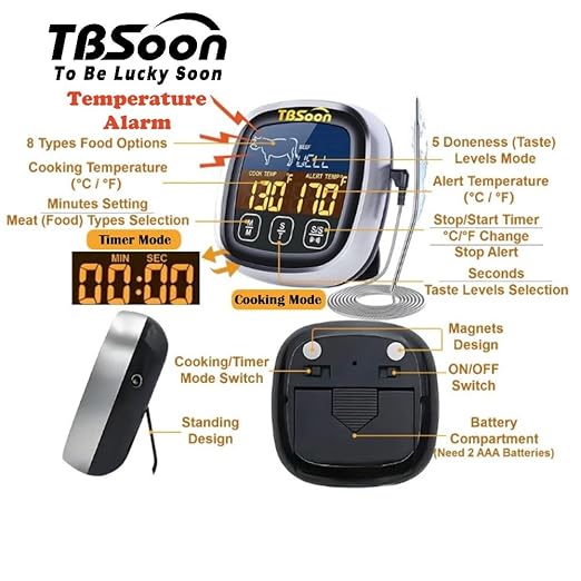 Multifunctional Digital Thermometer for Cooking,Food Thermometer+Thermometer Alarm+Kitchen Timer,Large Color Screen,Instant Read,Fast Response,grill bbq accessories,Kitchen Oven Meat Thermometer-DMT02