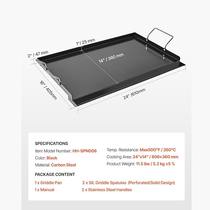 VEVOR Carbon Steel Griddle, Flat Top Plate, Griddle for BBQ Charcoal/Gas Gril with 2 Handles, Rectangular Flat Top Grill with Extra Drain Hole for Tailgating and Party