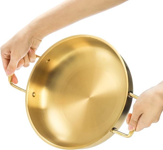 Okllen Set of 3 Korean Ramen Noodle Pot with Handles, Stainless Steel Everyday Pan, Golden Korean Cooking Pot for Soup, Noodle, Pasta, Home and Outdoor, Dishwasher Safe, Size 7", 8.7", 9.5"
