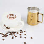Milk Frothing Pitcher, 350ml (12oz) Steaming Pitchers Stainless Steel Milk Coffee Cappuccino Latte Art Barista Steam Pitchers Milk Jug Cup with Decorating Art Pen, Gold