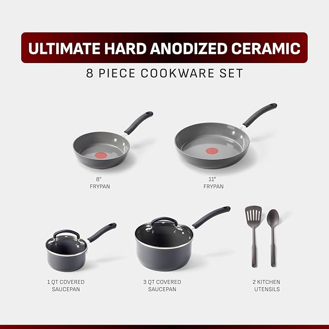 T-Fal Ultimate Hard Anodized Ceramic Nonstick 8 Piece Cookware Set, Oven Safe Up to 400°F, Dishwasher Safe, Pots and Pans Set, Includes Frying Pans, Saucepan, Cooking Utensils, Stone