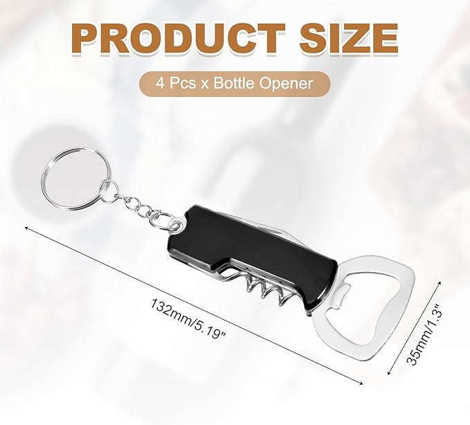 uxcell 4 Pcs Wine Opener, Bottle Opener Keychain, Durable Stainless Steel Waiter's Corkscrew, Compact All-In-One Home Bar Tool for Bar, Party, Wedding, Home, Travel, Black