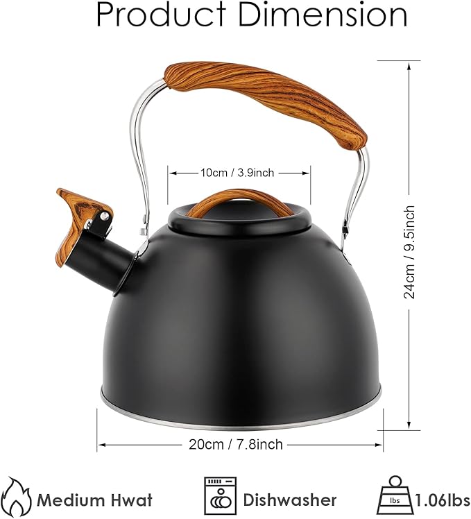 Tea Kettle -3.0 Quart Whistling Tea Kettle for Stove Top Stainless Steel Tea Pot Stovetop Food Grade Water Kettle with Wood Pattern Handle for Coffee/Tea/Milk Kettle Pot -Black