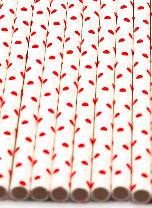 Pack of 300 Red Polka Dot Biodegradable 4-Ply Paper Drinking Straws (Compostable, Non-toxic, BPA-free)