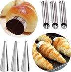 ABSOK Cannoli Tubes Cream Corner Molds, Stainless Steel Cream Roll Spiral Croissant Cone Molds, Cake Tool Kit With Ice Spout and Cleaning Brush (24 PCS)