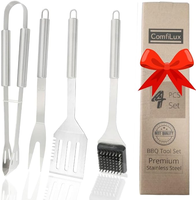 Stainless Steel BBQ Grill Tool Set - Barbecue Accessories & Utensils Sets - 4 Piece Spatula, Tongs, Cleaning Brush, Fork - 13.5" Barbeque Tools Kit - Gift for Grilling Lover Men Outdoor & Kitchen