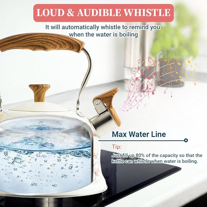 Tea Kettle for Stove Top, 2.7 Quart Whistling Kettle with Floral Pattern for Boiling Water Coffee or Milk, Stainless Steel Tea Pots with Wood Pattern Folding Handle, Work for All Stovetops