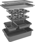 Chicago Metallic 7-Piece Nesting Bakeware Set - Carbon Steel Nonstick Baking Sheet, Loaf Pan, Muffin Pan, Cake Pan, Roaster and Cooling Rack - Space-Saving Kitchen Essentials