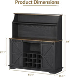 55 Inch Farmhouse Coffee Bar Cabinet with 3-Tier Enclosed Storage Cabinet, Kitchen Hutch with 12 Wine Racks & 3 Glass Holders, Coffee Bar with 6 Hooks, Wood Furniture for Dining Living Room, Black