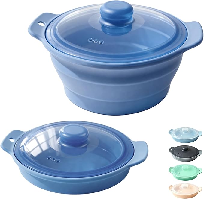 42oz Silicone Microwave Steamer For Vegetables, Cooker For Microwave with Handle & Lid, Collapsible Steam Pot, Heat-Resistant Cooker with Steam Holes, BPA Free, Dishwasher Safe (Dark Blue), 1 Pack
