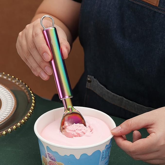 Rainbow Ice Cream Scoop, Berglander Stainless Steel Cookie Scoop Melon Baller Scooper Cones With Titanium Colorful Plating, Specialty Tools and Gadgets, Ice Cream Spoon Food Scoop Dishwasher Safe