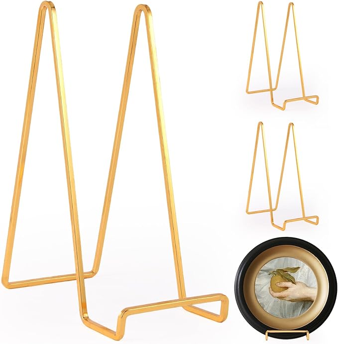 Decolore 4 Pack 8.5 Inch Gold Plate Stands Square Tabletop Easel Display Stand Frame Stand for Picture, Decorative Plate, Photo Easel and Artistic Work