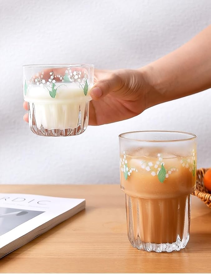 Ivymei Set of 2 Floral Drinking Glasses Cute Glass Coffee Cup Lily of the Valley Glass Cups for Juice,Iced Tea,Coffee,Latte,Dessert,Stackable Flower Glassware Drinkware Set(green)