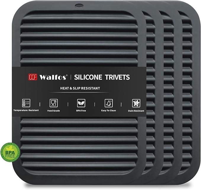 Walfos Silicone Trivets for Hot Pots and Pans - 446°F Heat Resistant Hot Pads for Kitchen Counter- 4 Pcs Multi-Purpose & Versatile Trivet Mat - Long-Lasting & Flexible Silicone Hot Pad（Black）