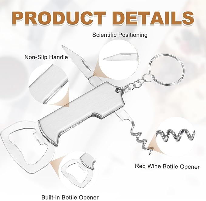 uxcell 2 Pcs Wine Opener, Bottle Opener Keychain, Durable Stainless Steel Waiter's Corkscrew, Compact All-In-One Home Bar Tool for Bar, Party, Wedding, Home, Travel, Silver