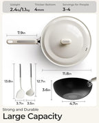 Carbon Steel Wok Pan - 11.8 Inch Pre-Seasoned Flat Bottom Chinese Woks & Stir Fry Pans with Lid, Lightweight Kitchen Cookware for All Stovetops, Gas, Electric, Gift for Women/Mom with Spatula Spoon