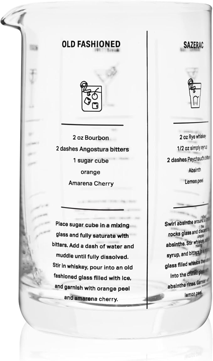 True Recipe Mixing Glass, Cocktail and Bar Tools with Thick Base, Pour Spout, and 5 Printed Recipes, 17 Oz
