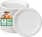 JOLLY CHEF 100% Compostable Paper Plates, 150 Pack 9 Inch Heavy Duty Plates, Disposable Biodegradable Eco-Friendly Sugarcane, Bulk White