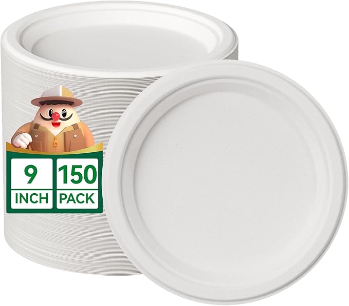 JOLLY CHEF 100% Compostable Paper Plates, 150 Pack 9 Inch Heavy Duty Plates, Disposable Biodegradable Eco-Friendly Sugarcane, Bulk White