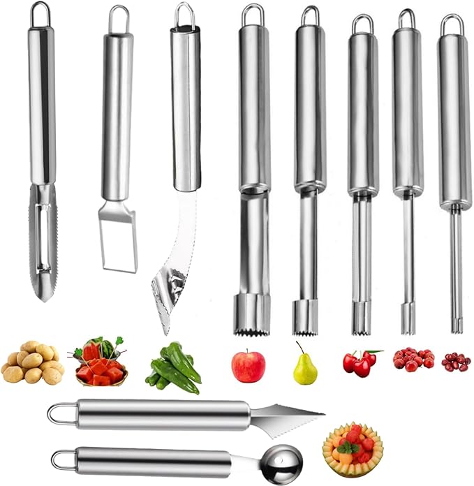 Fruit and Vegetable Corer Tool,Kitchen Fruit Carving Knife, Multi-Function Stainless Corer and Pitter Remover Set for Apple, Pear, Cherry, Jujube, Red Dates, Chili,Potato, Watermelon（10 Pcs）