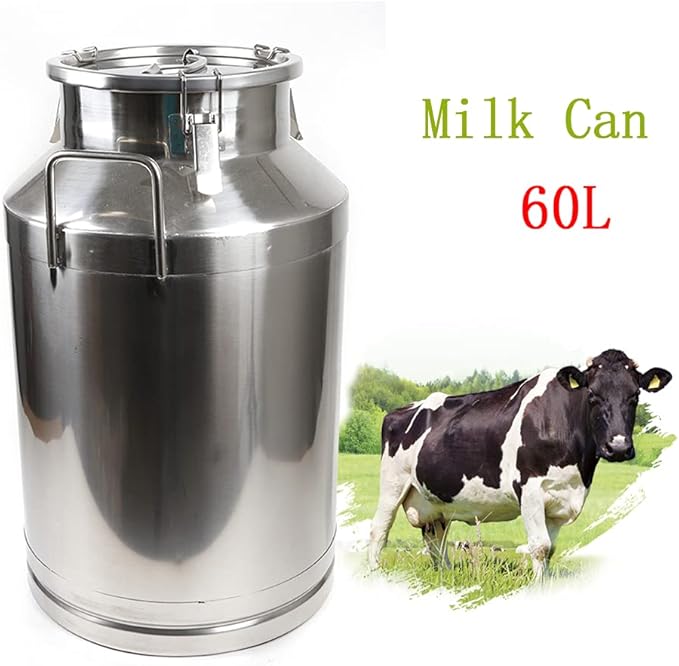 304 Stainless Steel Milk Can Large 12L-60L Capacity Milk Bucket Ice Buckets Bar Tools Wine Pail Bucket Milk Can Tote Jug with Sealed Lid Heavy Duty for Milk and Wine Liquid Storage (60L)