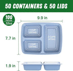 50 Pack (100-Piece) 32 oz Meal Prep Containers Reusable with Lids 3-Compartment, To Go Take Out Plastic Food Storage Containers, Sturdy Leakproof Food Safe, Microwave Freezer Dishwasher Safe, Blue