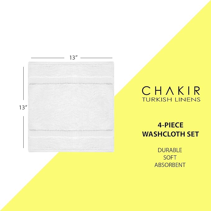 Chakir Turkish Linens | Hotel & Spa Quality 100% Cotton Premium Turkish Towels | Soft & Absorbent (4-Piece Washcloths, White)