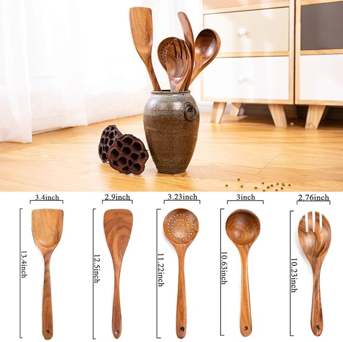 Wood Utensils Set for Cooking, Teak Wooden Utensils Set Wood Spatula for Nonstick Cookware Kitchen Utensils Set 5