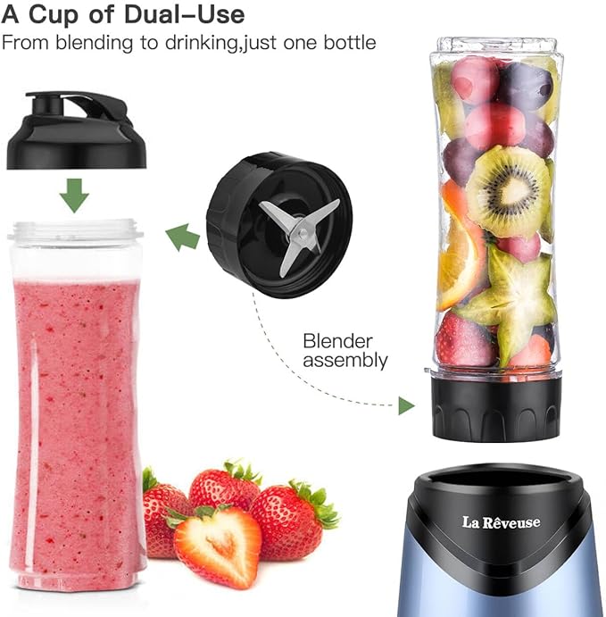 La Reveuse Smoothies Blender Personal Size 300 Watts with 18 oz BPA-free Portable Travel Sports Bottle (Light Blue)