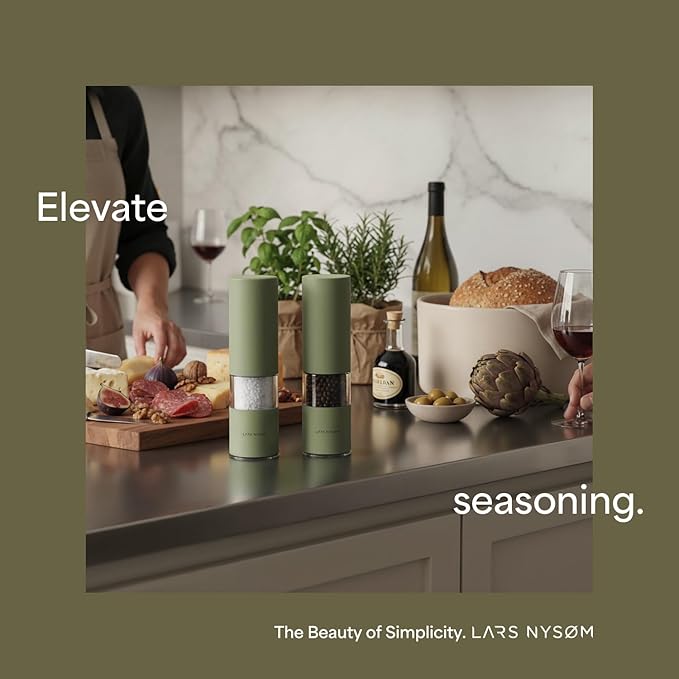 LARS NYSØM Electric Salt and Pepper Grinder Set I Automatic Salt and Pepper Mills with Adjustable Ceramic Grinder I USB Rechargeable Electric Spice Mill Set with LED Light (Sage Green)