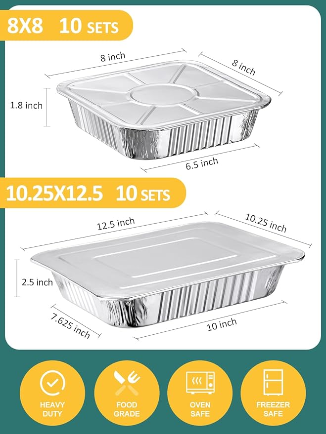 NEEBAKE 20 Set Disposable Aluminum Pans with Lids Assorted Sizes - 10 Large 10.25x12 Foil Pans Half Size & 10 Small 8x8 Tin Foil Baking Pans, Tin Trays Containers for Meal Prep, Food Cooking, Roasting