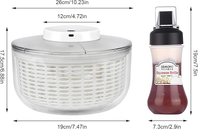 Electric Salad Spinner,6L Large Capacity Automatic Vegetables Fruit Washer Dryer Drainer Strainer,USB Charge Lettuce Spinner Cleaner with 350 ml Squeeze Bottle for Home Kitchen