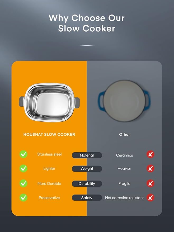 HOUSNAT Slow Cooker, 10 in 1 Programmable Cooker, 304 Stainless Steel Rice Cookers 6QT, Yogurt Maker, Delay Start, Adjustable Temp& Digital Time for Large Families or Entertaining