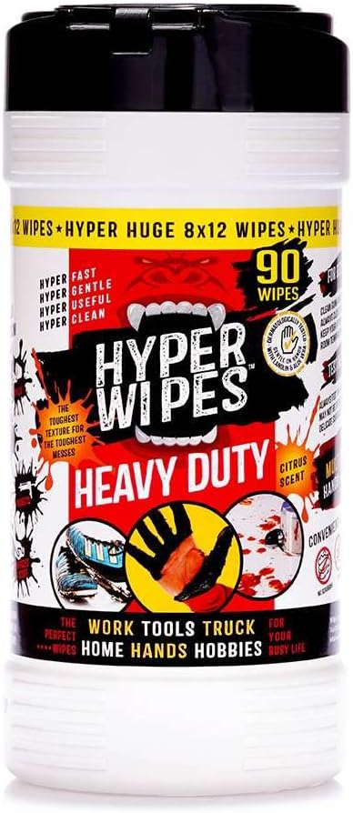 Hyper Wipes, 1 Pack Heavy Duty Hand & Tool Cleaning Wipes, 8"x12" Size Multi-Surface Cleaning Wipes, Degreasing, All Purpose Cleaner, Bathroom, Mechanic, Work Surface Wipes, 90 Count Canister