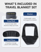 Travel Pillow and Blanket Set, Compact Airplane Pillow Bag with Eye Mask for Long Flights Sleeping, 360° Support Head Strap Travel Essentials for Plane Car Sleep Neck Upright, Stop Head Drop(Grey)
