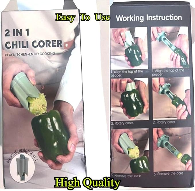 Pepper Seed Corer Remover Tool,2 in1 Efficient Bell Pepper Corer,Jalapeno Pepper Cutter Deseeder,Quick Cutting& Deseeding Pepper Seed Remover Tool, Kitchen Gadget Tool for Fruit Vegetables (Green)
