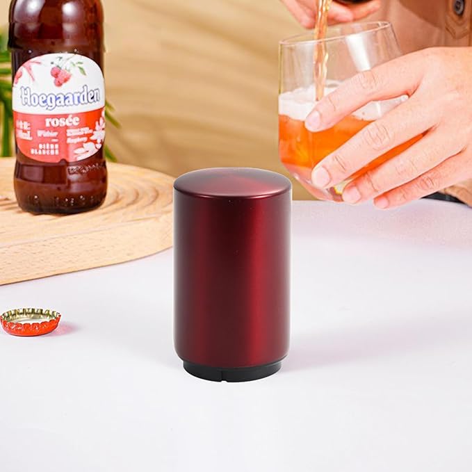 Automatic Bottle Opener Magnetic Stainless Steel Push Down Opener Destapadores de Cerveza, Down-Pop Off Beer Bottle Opener with Magnetic Cap Catcher, Home Bars Kitchen Cool Bartender Tools（red）