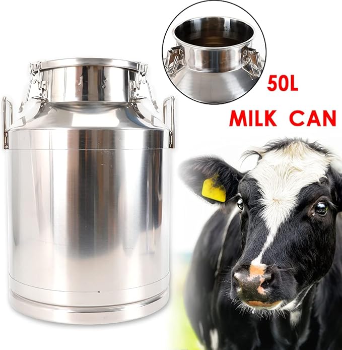 304 Stainless Steel Milk Can Large 12L-60L Capacity Milk Bucket Ice Buckets Bar Tools Wine Pail Bucket Milk Can Tote Jug with Sealed Lid Heavy Duty for Milk and Wine Liquid Storage (50L)
