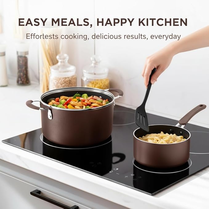 NutriChef 14-Piece Nonstick Brown Cookware Set - Scratch-Resistant Kitchen Pots and Pans with Lids & Utensils, For All Cooktops - NCCW14SBR